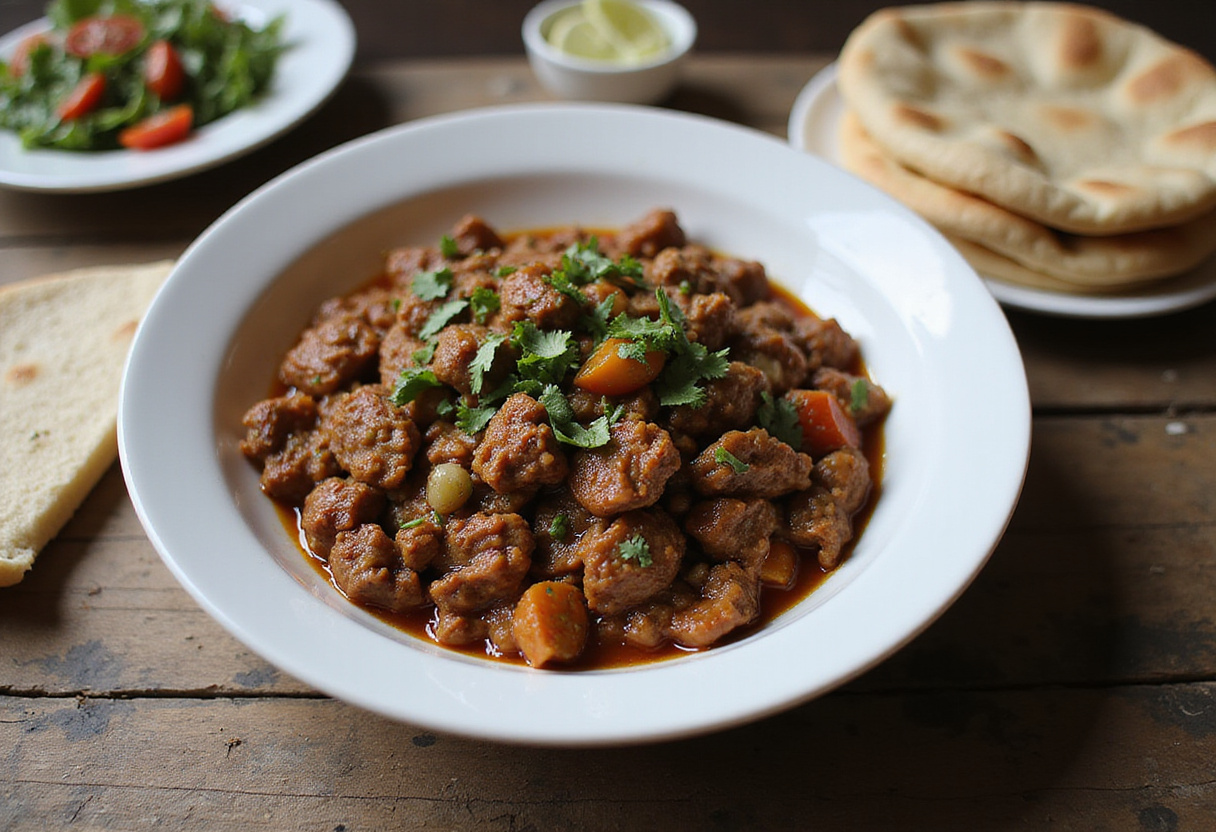 Final presentation of a delicious Mediterranean ground beef stir-fry recipe, garnished and ready to serve with pita bread and salad.