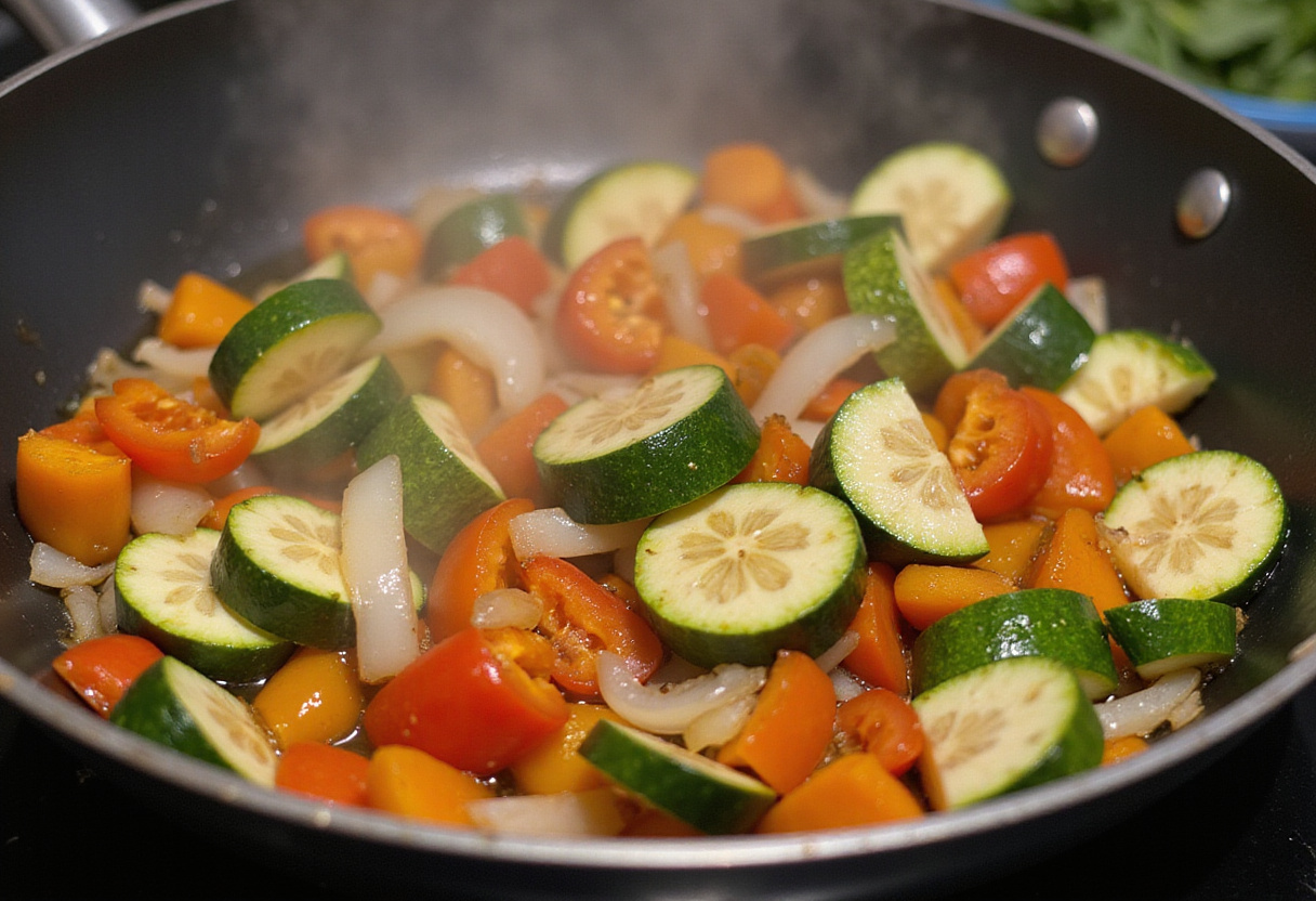 Sautéing colorful vegetables like bell peppers, onions, and zucchini in a skillet for Mediterranean ground beef stir-fry.