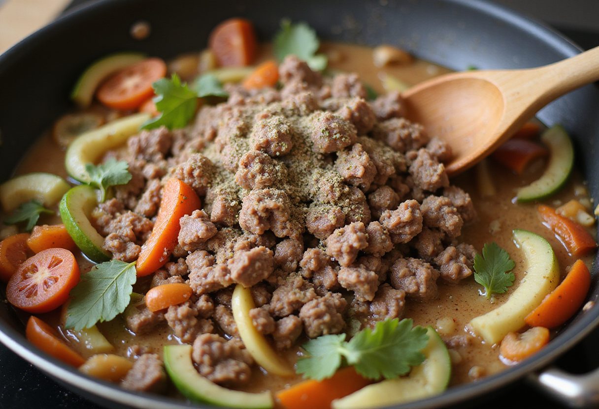 Cooking ground beef with sautéed vegetables and spices in a skillet for a flavorful Mediterranean stir-fry.