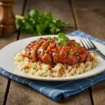 Serving of One-Pan Bold Honey BBQ Chicken Rice plated with garnished herbs, showcasing the delicious glossy honey BBQ sauce and vibrant colors.