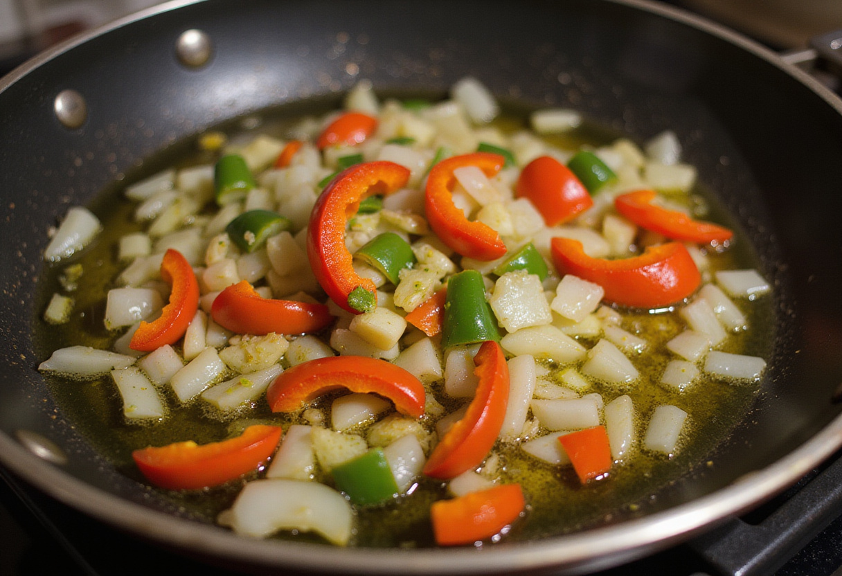 Sizzling diced onions and bell peppers in a skillet for One-Pan Bold Honey BBQ Chicken Rice, vibrant fresh ingredients create a fragrant base.