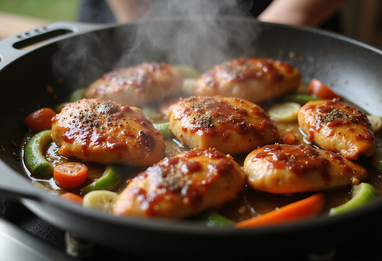 Adding seasoned chicken pieces mixed with honey BBQ sauce to the skillet for One-Pan Bold Honey BBQ Chicken Rice, showcasing the cooking process with vibrant ingredients.