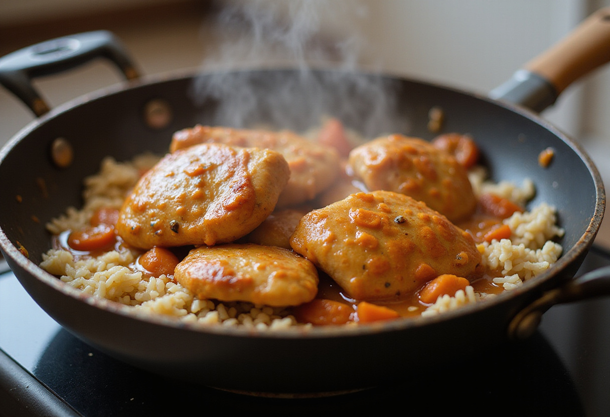 Simmering One-Pan Bold Honey BBQ Chicken Rice with golden-brown chicken and flavorful rice, highlighting the cooking process with steam rising.
