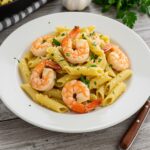 Final presentation of One-Pot Garlic Butter Shrimp Pasta, showcasing the delicious combination of shrimp, pasta, and garlic butter for a satisfying meal.