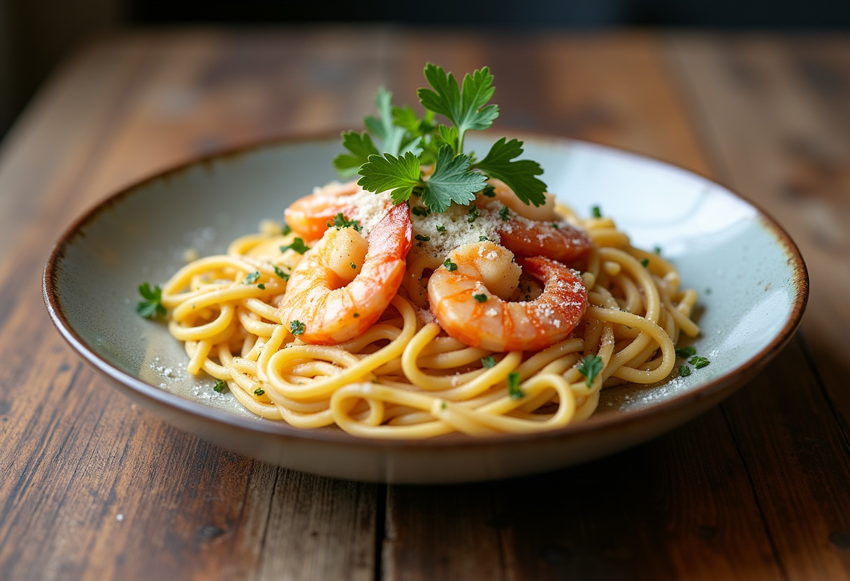 Final presentation of One-Pot Garlic Butter Shrimp Pasta, showcasing the delicious combination of shrimp, pasta, and garlic butter for a satisfying meal.