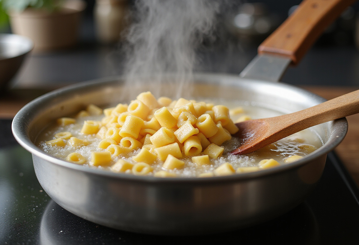 Cooking pasta in boiling water for One-Pot Garlic Butter Shrimp Pasta, a quick and easy seafood meal.