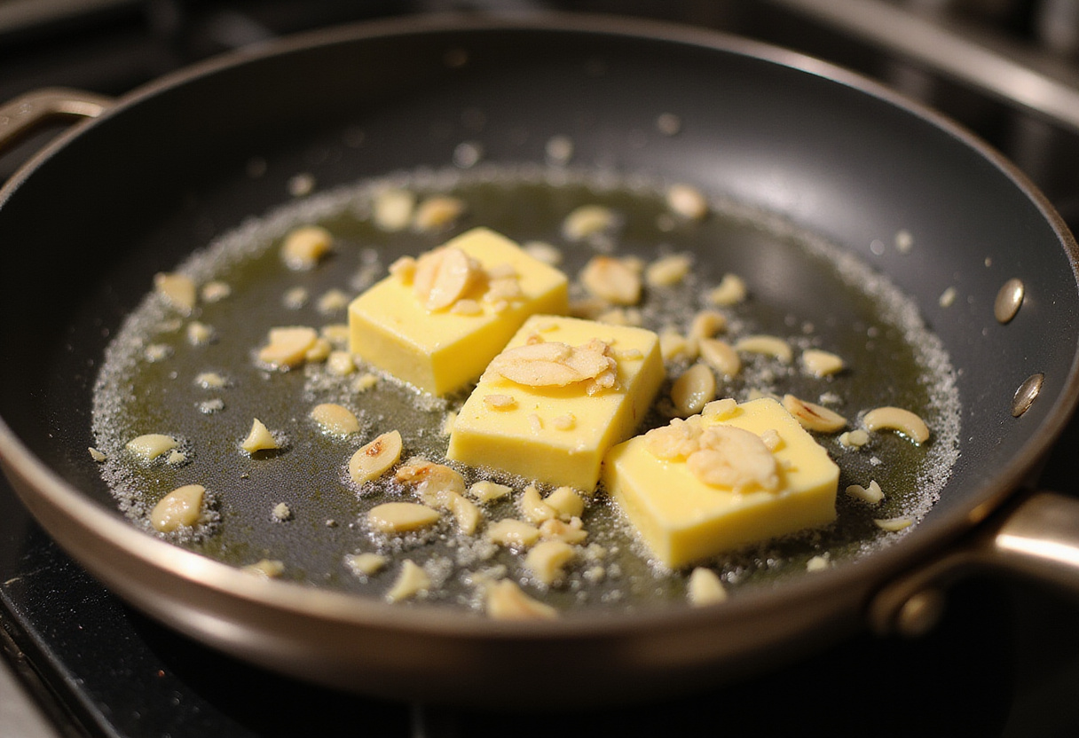 Preparing garlic butter in a skillet for One-Pot Garlic Butter Shrimp Pasta, enhancing the dish's flavor with aromatic ingredients.