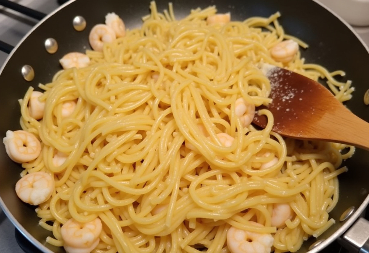 Combining pasta and shrimp in garlic butter sauce for One-Pot Garlic Butter Shrimp Pasta, achieving a harmonious mix of flavors and textures.
