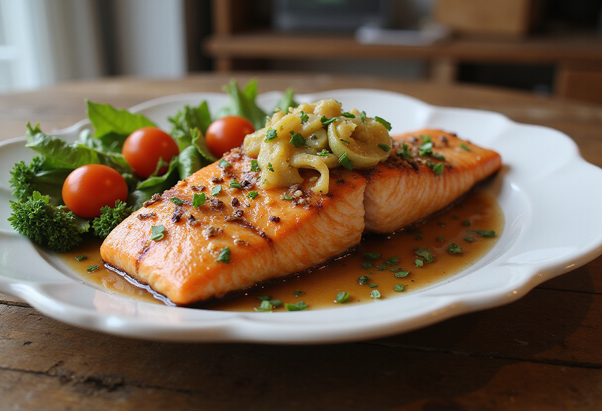 Final presentation of perfectly crispy honey garlic salmon, showcasing vibrant colors and a deliciously plated meal, perfect for an impressive dinner in just 30 minutes.