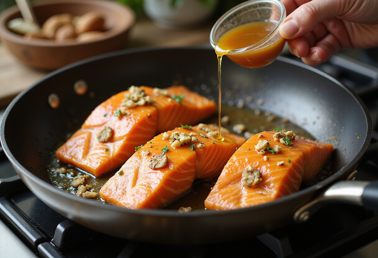 Cooking salmon fillets in a frying pan with honey garlic glaze, showcasing beautifully crispy fish being prepared for the perfect dinner in just 30 minutes.