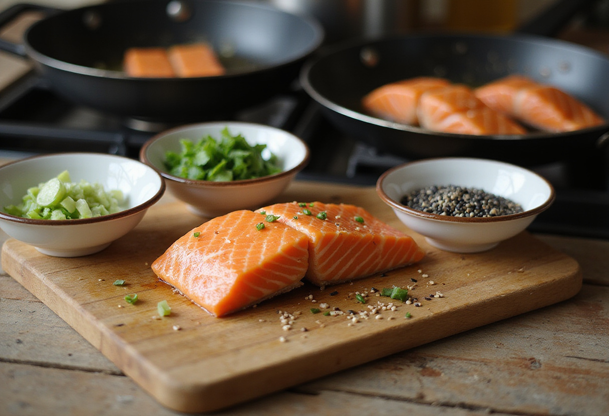 Preparation of garnishes for honey garlic salmon, featuring chopped green onions and sesame seeds, adding the final touch to the perfect 30-minute meal.