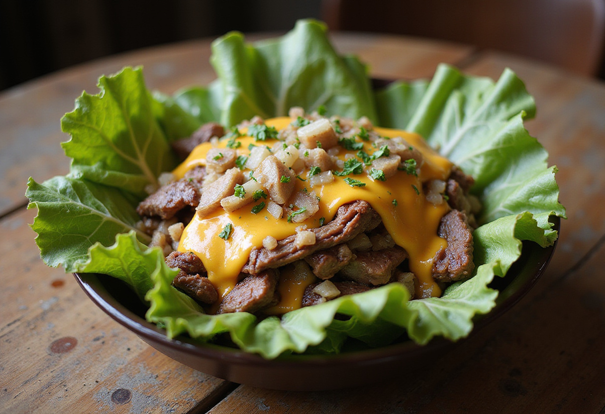 Final presentation of a Philly cheesesteak bowl, highlighting a quick and flavorful low-carb dinner that is ready to be served.