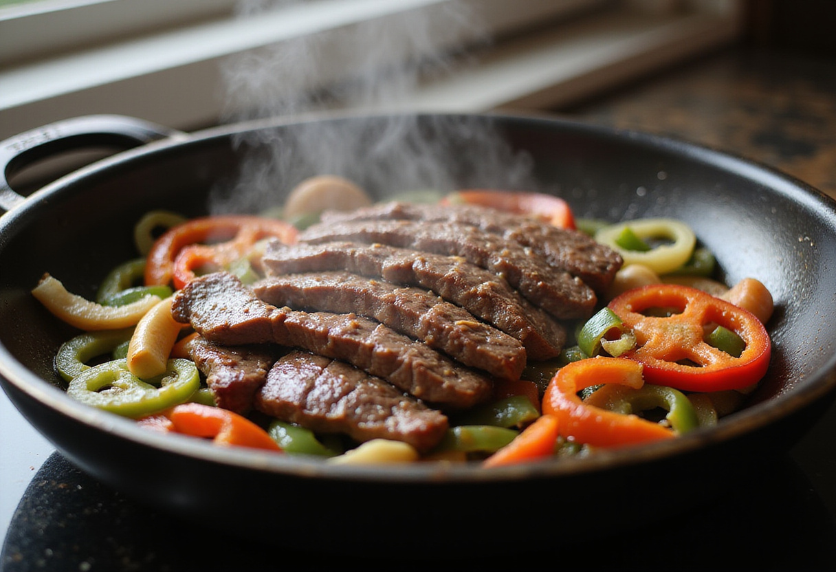 Philly cheesesteak bowls with sizzling steak, vibrant onions, and bell peppers in a skillet, showcasing quick low-carb dinner preparation.