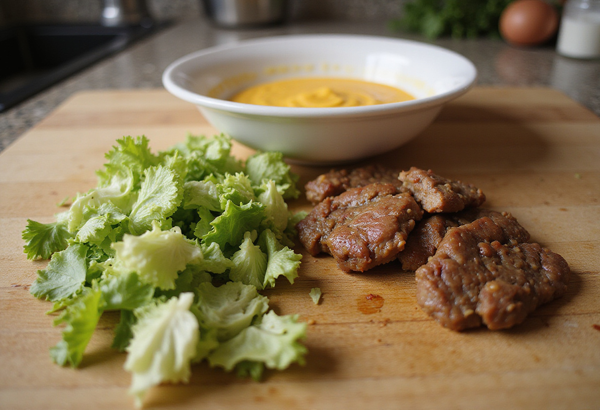 Lettuce preparation for Philly cheesesteak bowls in a tidy kitchen, focusing on quick and healthy low-carb dinner ingredients.