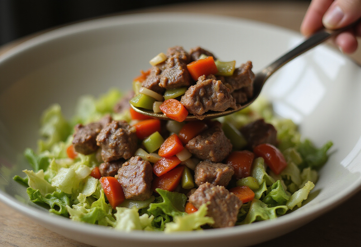 Assembling Philly cheesesteak bowls with tender steak and colorful veggies on a bed of lettuce, highlighting a delicious low-carb dinner option.