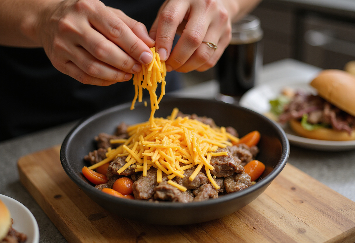 Cheese melting over a hearty Philly cheesesteak bowl, showcasing a delightful low-carb dinner preparation process.