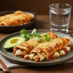 Delicious low carb protein cottage cheese chicken enchiladas served with avocado and cilantro for a healthy meal.