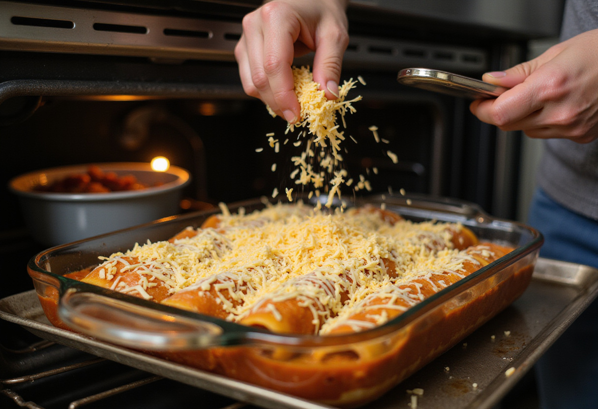 Sprinkling cheese over assembly of protein cottage cheese chicken enchiladas before baking for a delicious low carb dish.