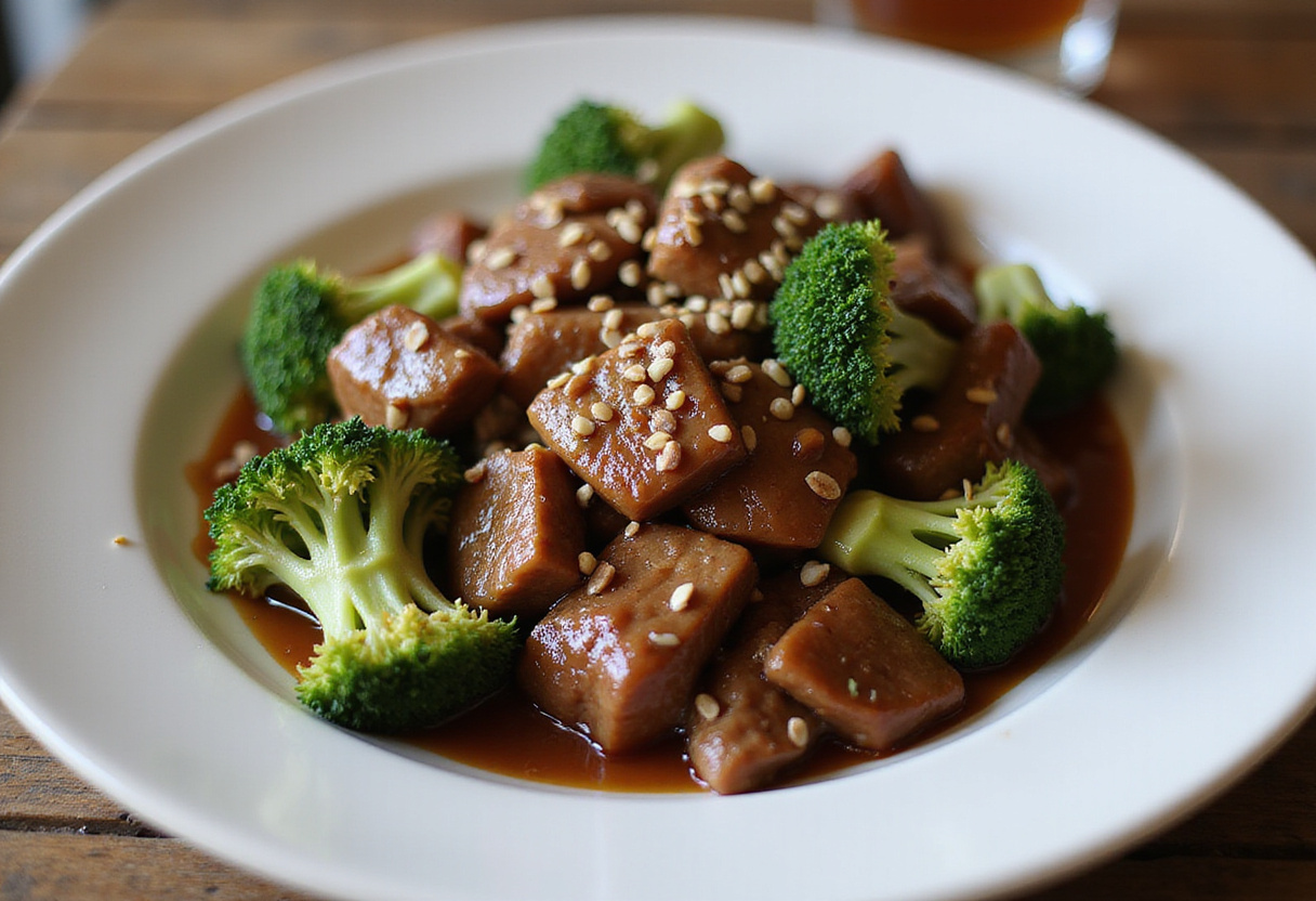 Deliciously plated Quick & Easy Honey Garlic Ground Beef and Broccoli Stir-Fry garnished with sesame seeds, showcasing a vibrant meal.
