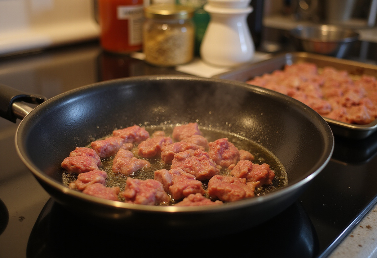 Quick & Easy Honey Garlic Ground Beef and Broccoli Stir-Fry preparation with sizzling oil in a pan for ground beef.