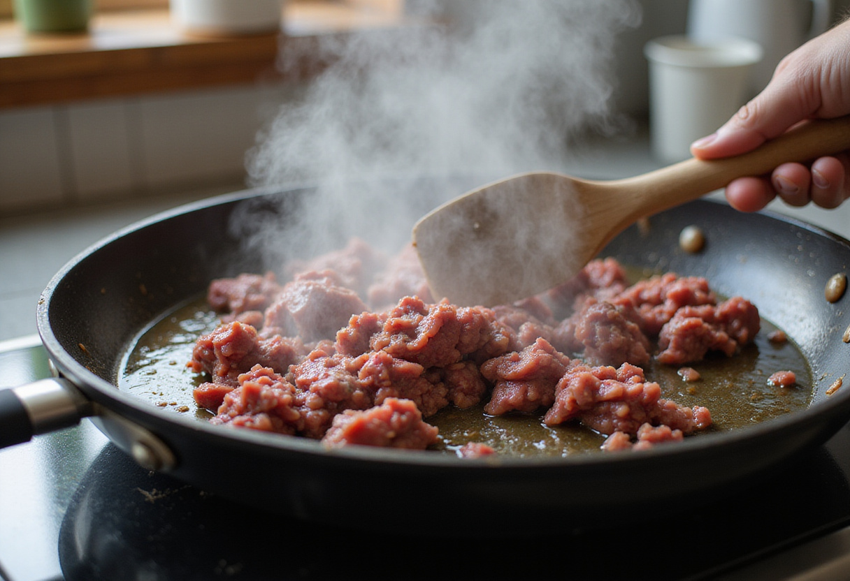 Cooking ground beef for Quick & Easy Honey Garlic Ground Beef and Broccoli Stir-Fry with sizzling sounds and browning meat.