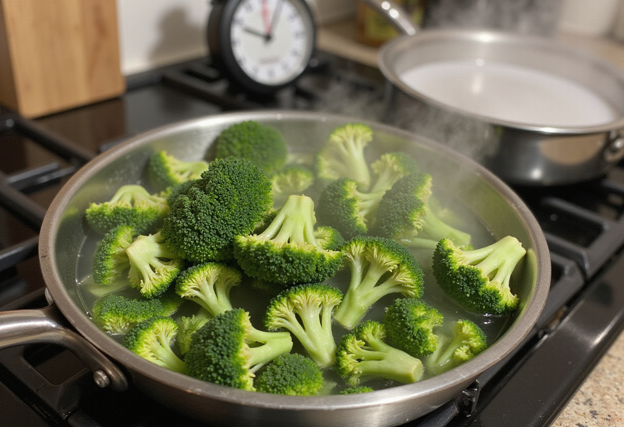 Blanching broccoli for Quick & Easy Honey Garlic Ground Beef and Broccoli Stir-Fry to keep it vibrant and crunchy.