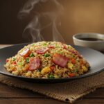 A visually appealing bowl of quick and flavorful bacon fried rice, showcasing crispy bacon, perfectly cooked rice, and vibrant vegetables.