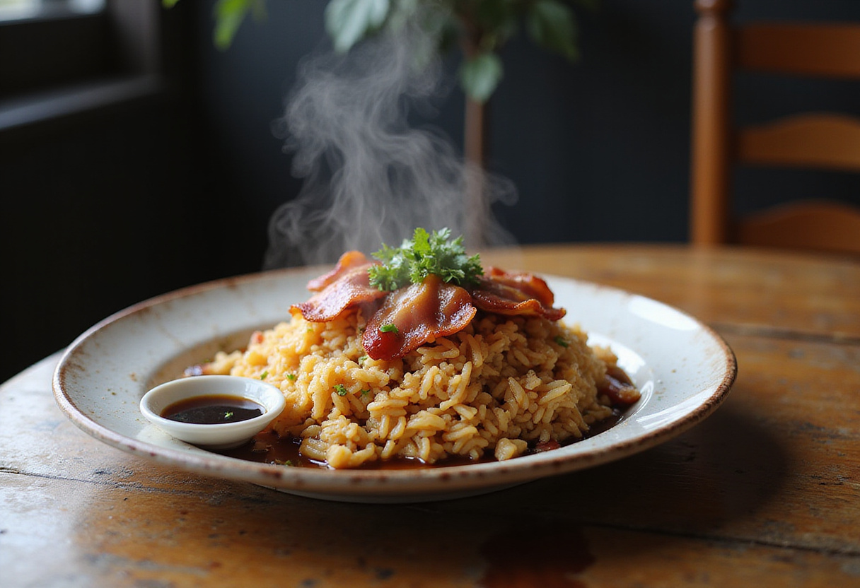 A visually appealing bowl of quick and flavorful bacon fried rice, showcasing crispy bacon, perfectly cooked rice, and vibrant vegetables.