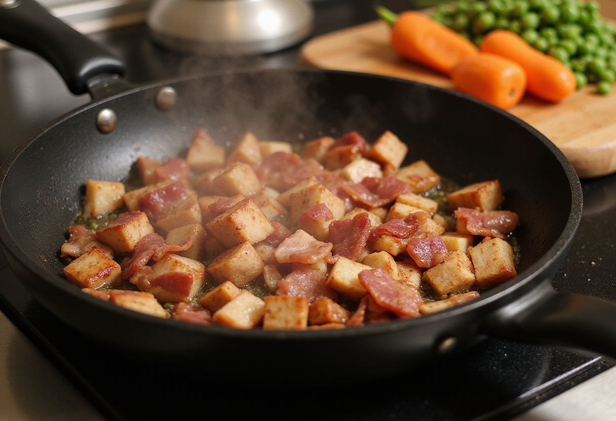 Delicious diced bacon sizzling in a skillet, starting to create a flavorful base for quick and tasty bacon fried rice.