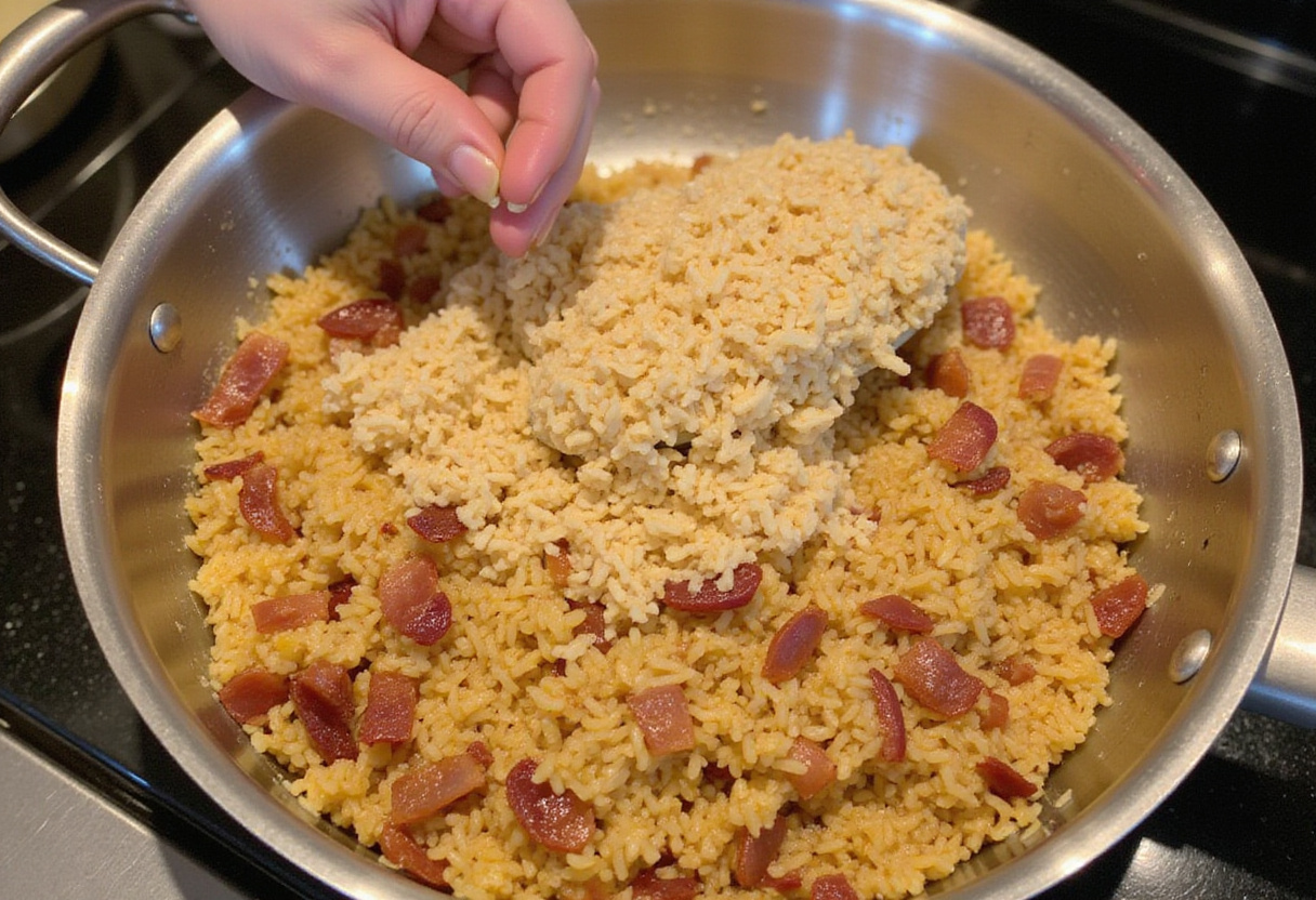 Freshly cooked rice being stirred into the skillet with bacon, a key step in preparing quick and flavorful bacon fried rice.