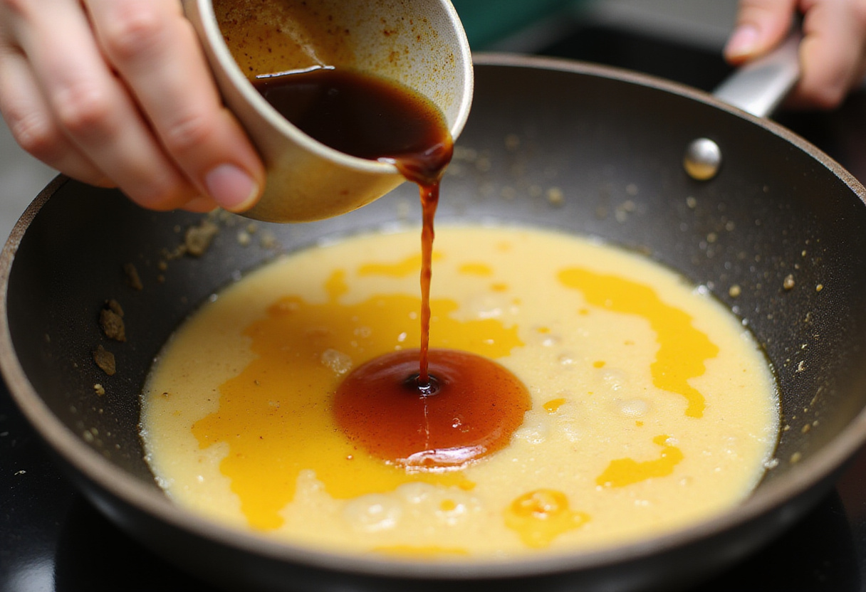 A rich mixture of soy sauce and eggs poured into the hot bacon fried rice, infusing it with flavor and color.