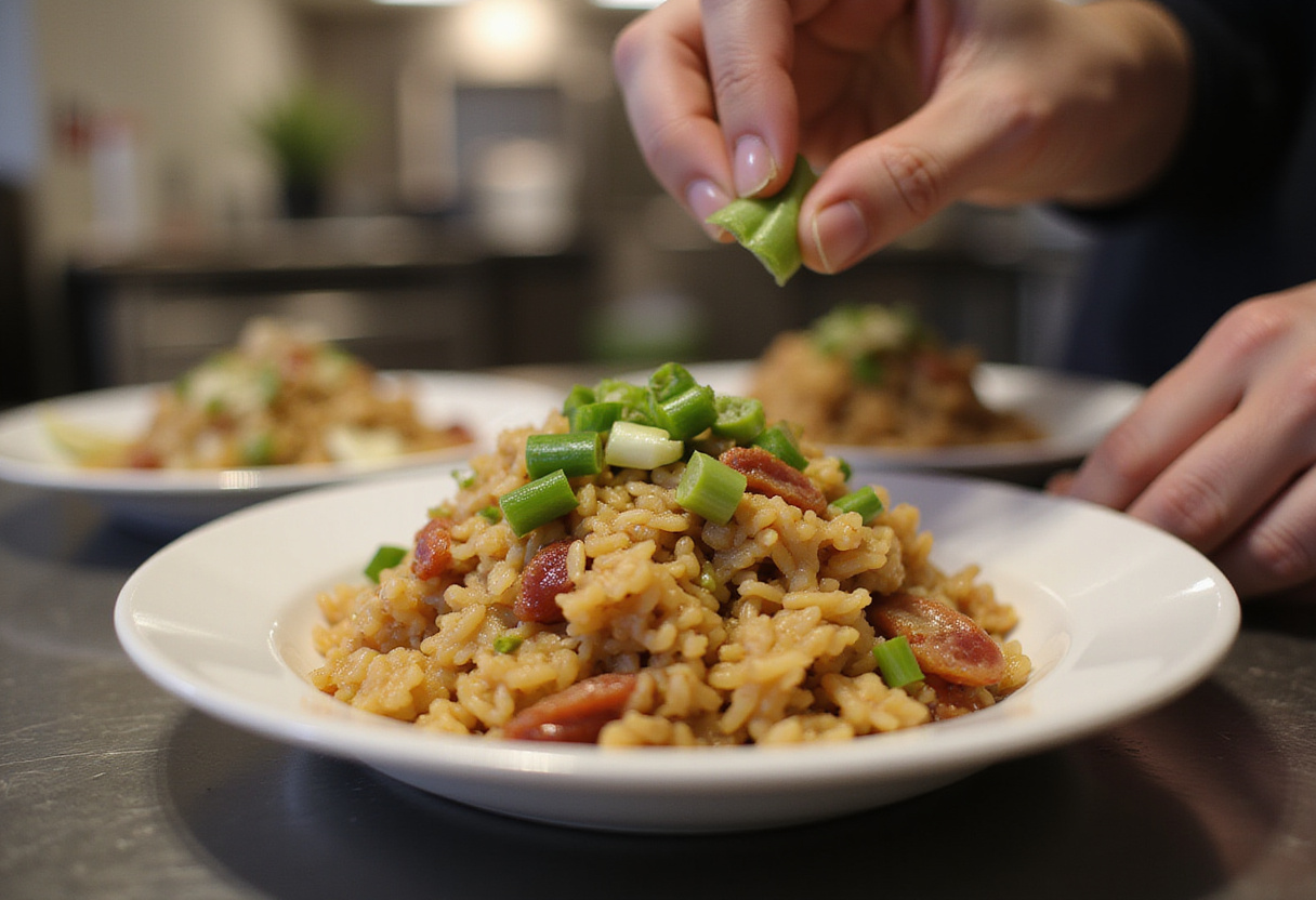 Sprinkling fresh green onions on top of bacon fried rice, adding a pop of color and freshness to the quick and flavorful dish.