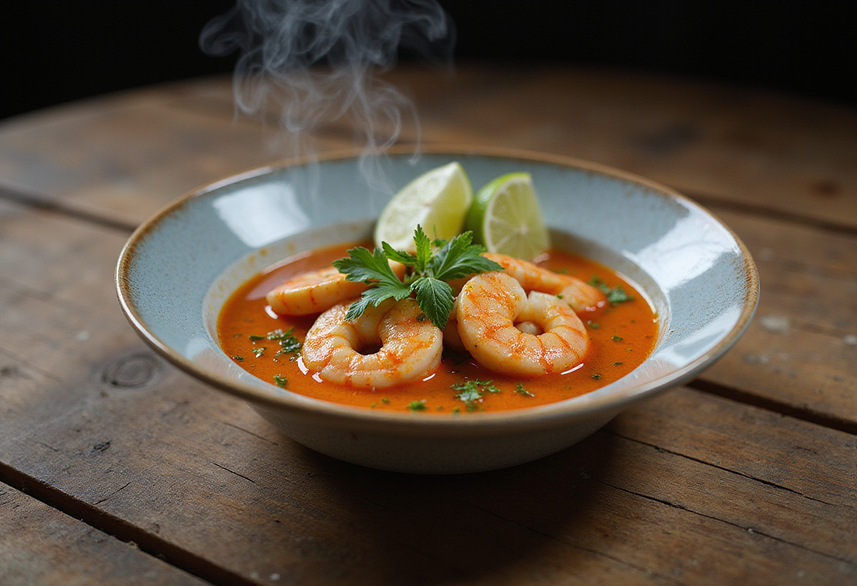 Delicious Quick and Spicy Shrimp Soup served hot in a bowl, showcasing vibrant colors and garnishes.