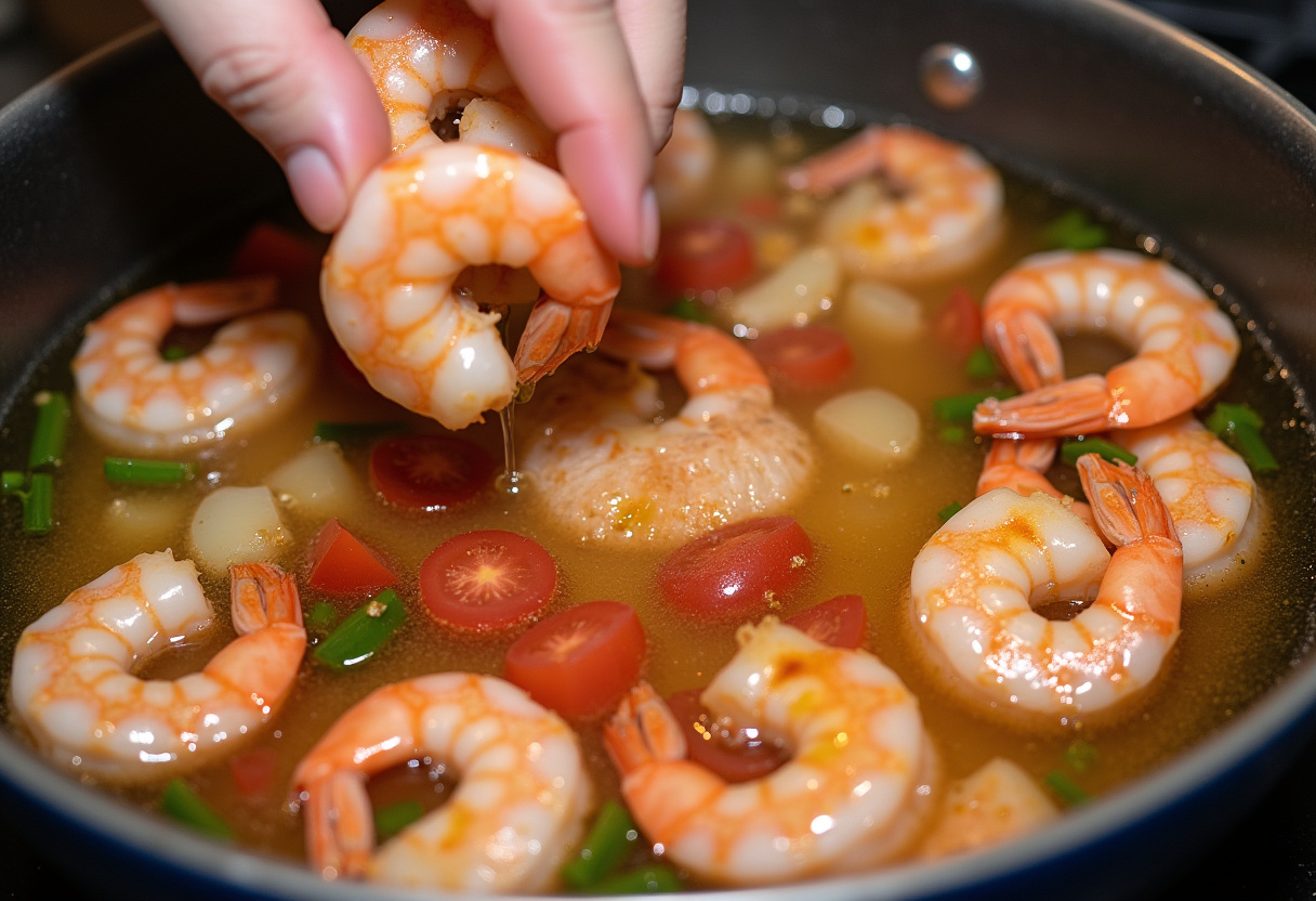 Adding fresh shrimp to a simmering pot for Quick and Spicy Shrimp Soup, surrounded by colorful vegetables.