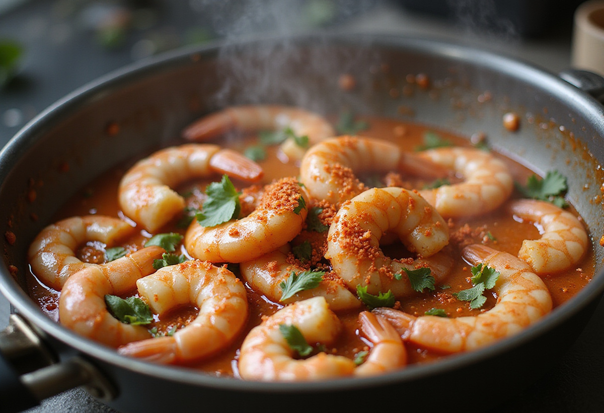 Cooking Quick and Spicy Shrimp Soup with chili flakes and herbs, creating a flavorful aroma.