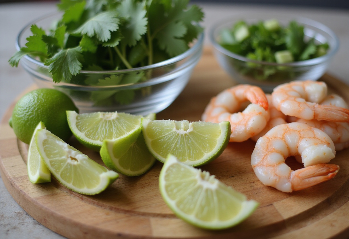 Preparing garnishes for Quick and Spicy Shrimp Soup, with lime and herbs for added freshness.