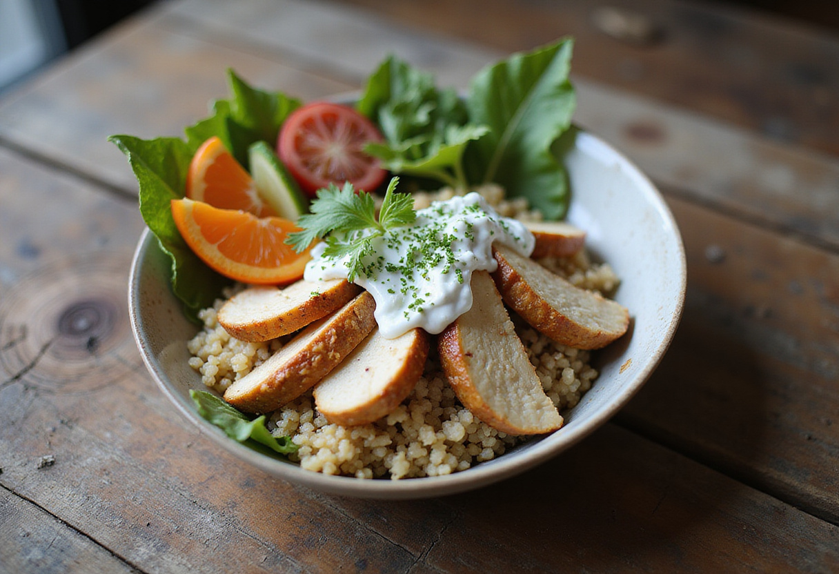 Refreshing chicken tzatziki bowl with fresh ingredients, ideal for a healthy light lunch.