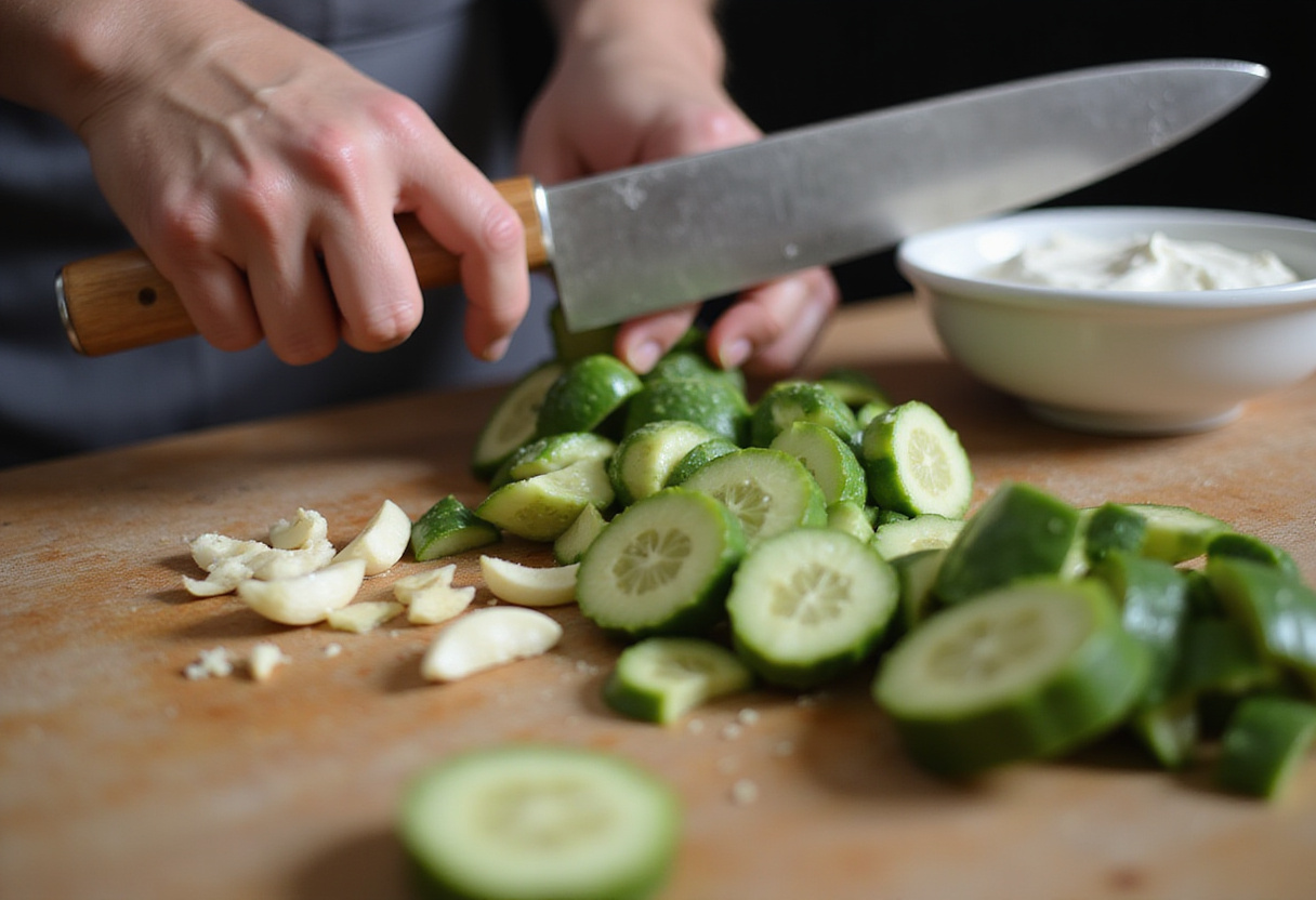 Chopping cucumbers and garlic for refreshing chicken tzatziki bowls, healthy light lunch ingredients.