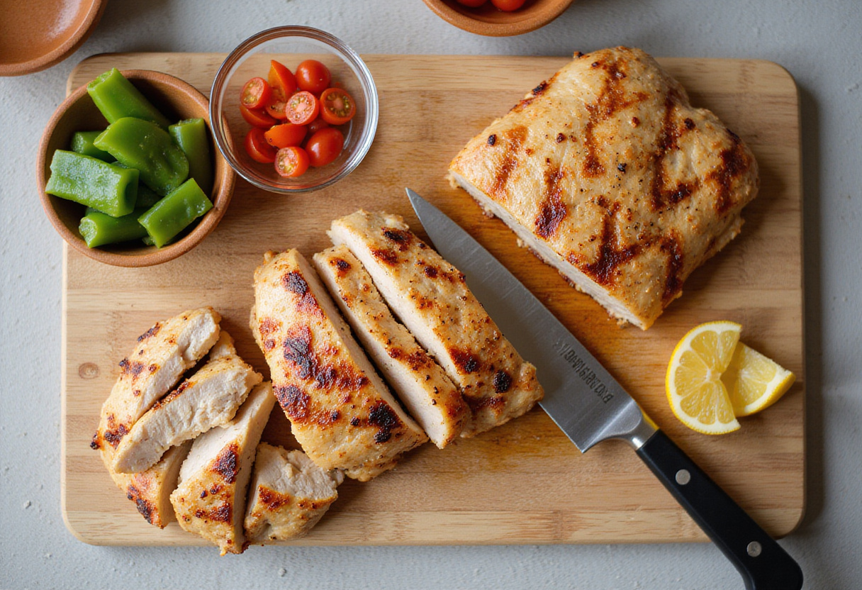Slicing grilled chicken for refreshing chicken tzatziki bowls, preparing ingredients for a light lunch.