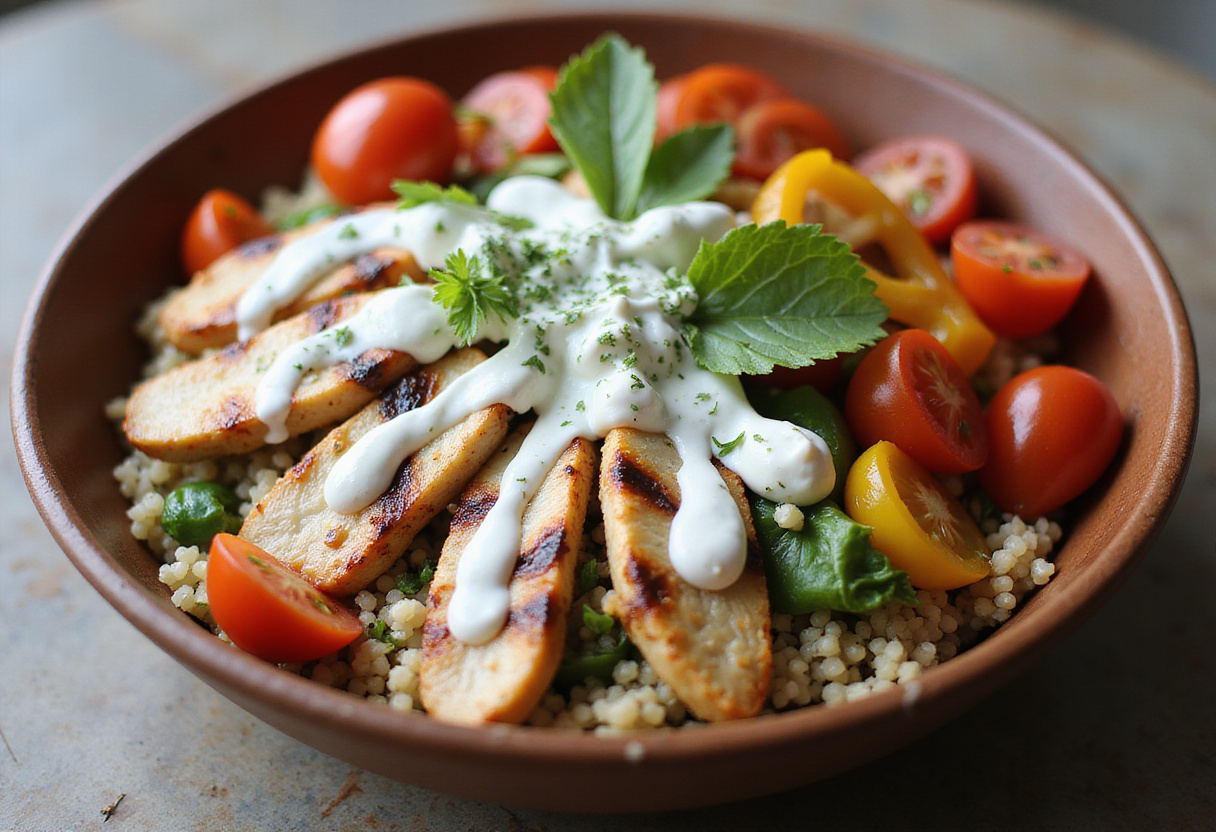 Assembling refreshing chicken tzatziki bowls with colorful ingredients for a nutritious light lunch.