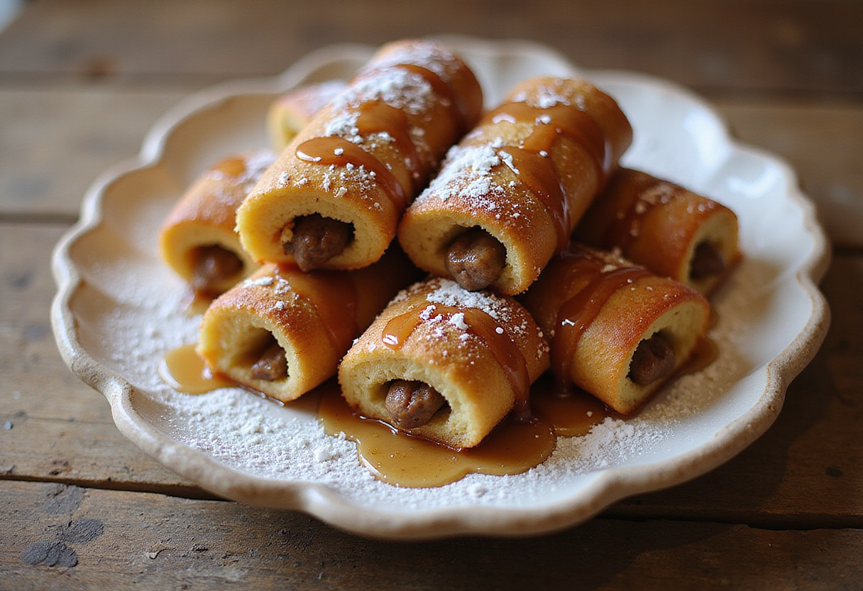 Delicious and visually appealing Sausage French Toast Roll-Ups served with powdered sugar and syrup, perfect for breakfast.