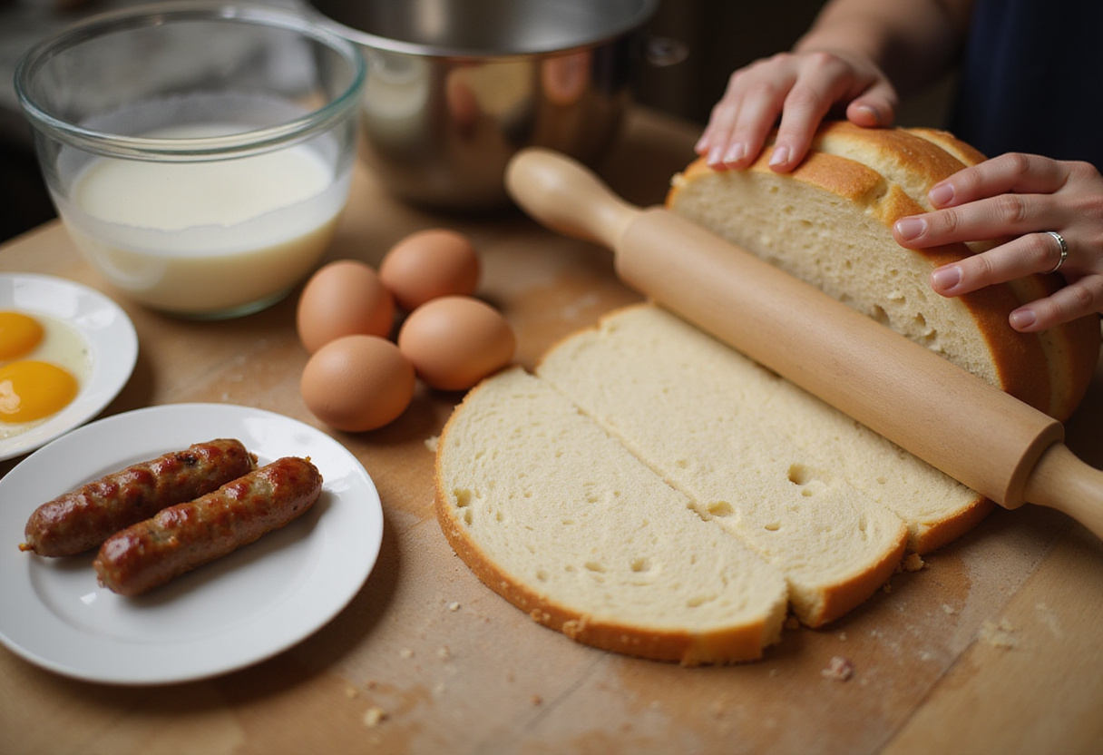 Sausage French Toast Roll-Ups preparation with flattened bread slices and ingredients on a kitchen counter.
