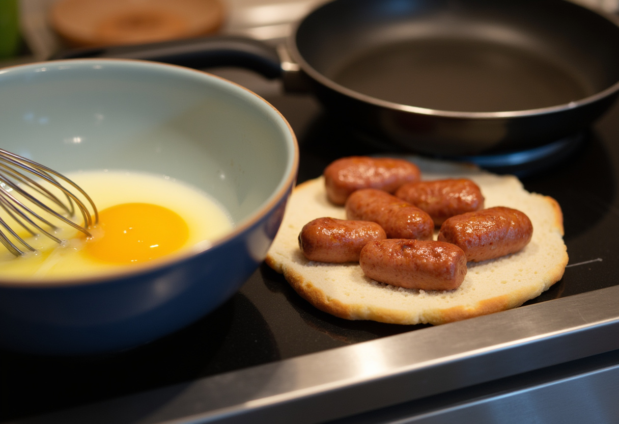 Blending egg mixture for Sausage French Toast Roll-Ups preparation alongside sausages on flattened bread.
