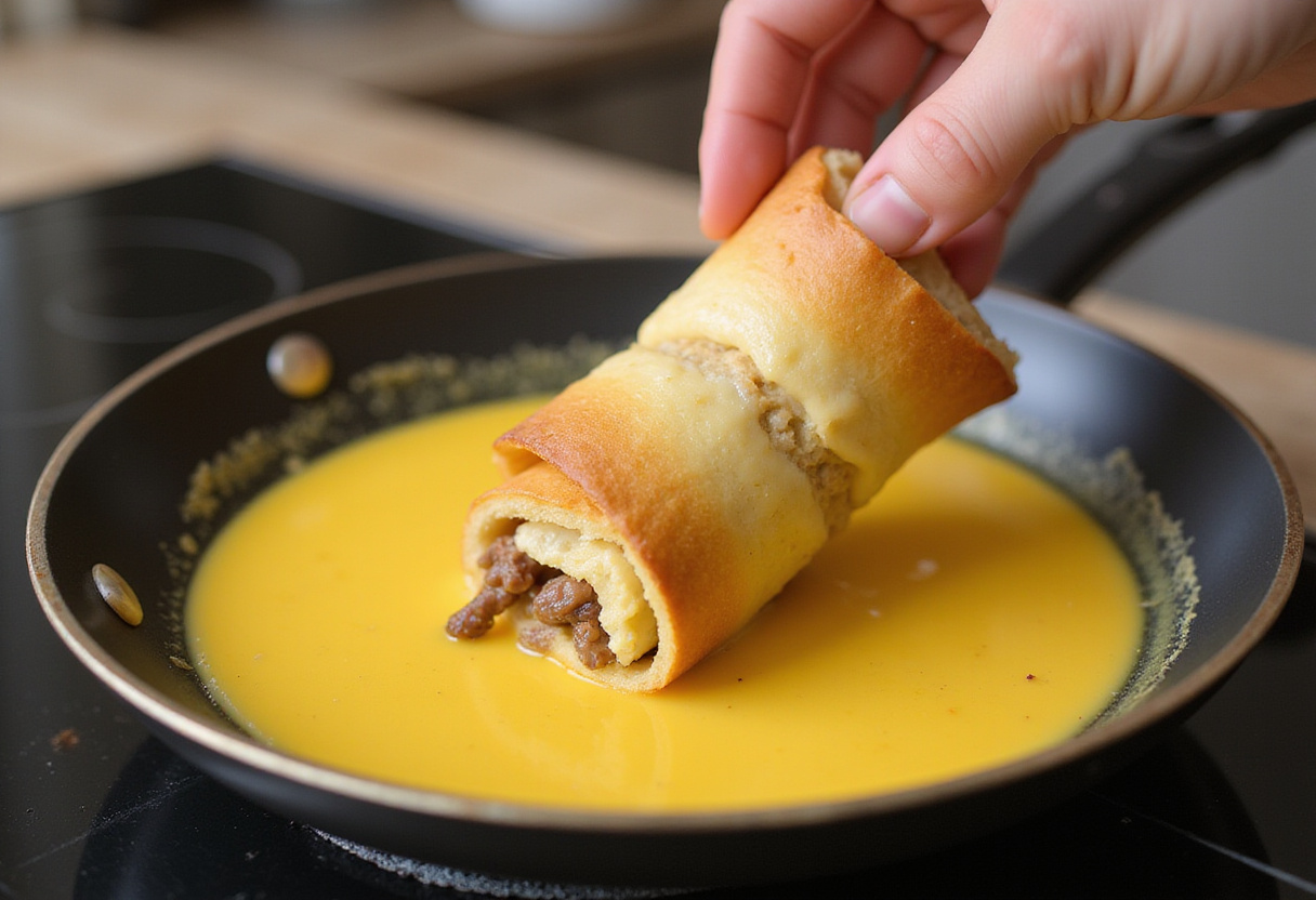 Dipping the rolled-up bread filled with sausage into the egg mixture for Sausage French Toast Roll-Ups.
