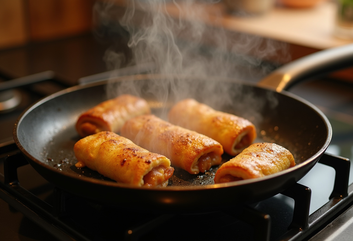Cooking Sausage French Toast Roll-Ups in a frying pan until golden brown and delicious.