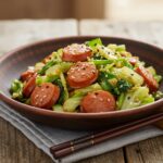 Delicious sausage and cabbage stir fry served in a rustic bowl, showcasing vibrant colors and textures, perfect for a comforting meal at home.