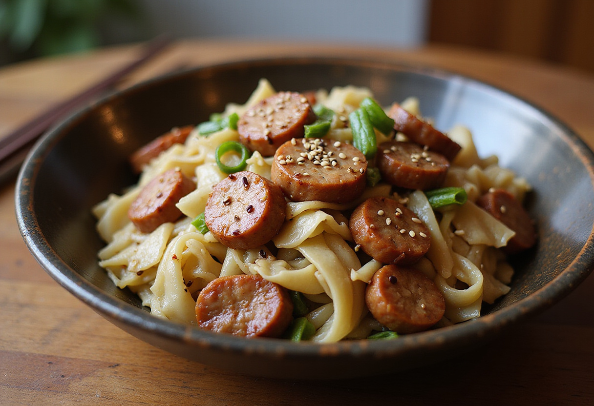 Delicious sausage and cabbage stir fry served in a rustic bowl, showcasing vibrant colors and textures, perfect for a comforting meal at home.