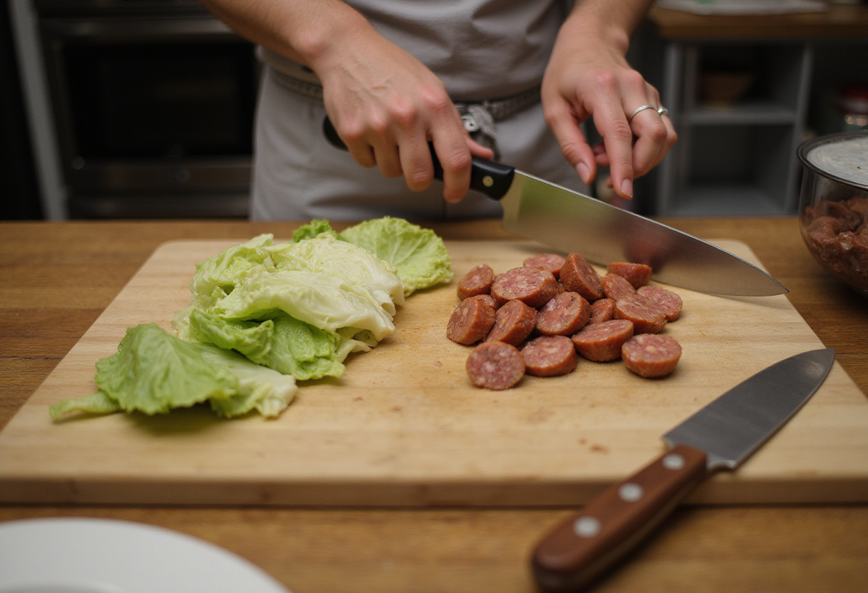 Slicing fresh cabbage and sausages for a delicious sausage and cabbage stir fry, showcasing vibrant green cabbage and juicy sausage pieces.