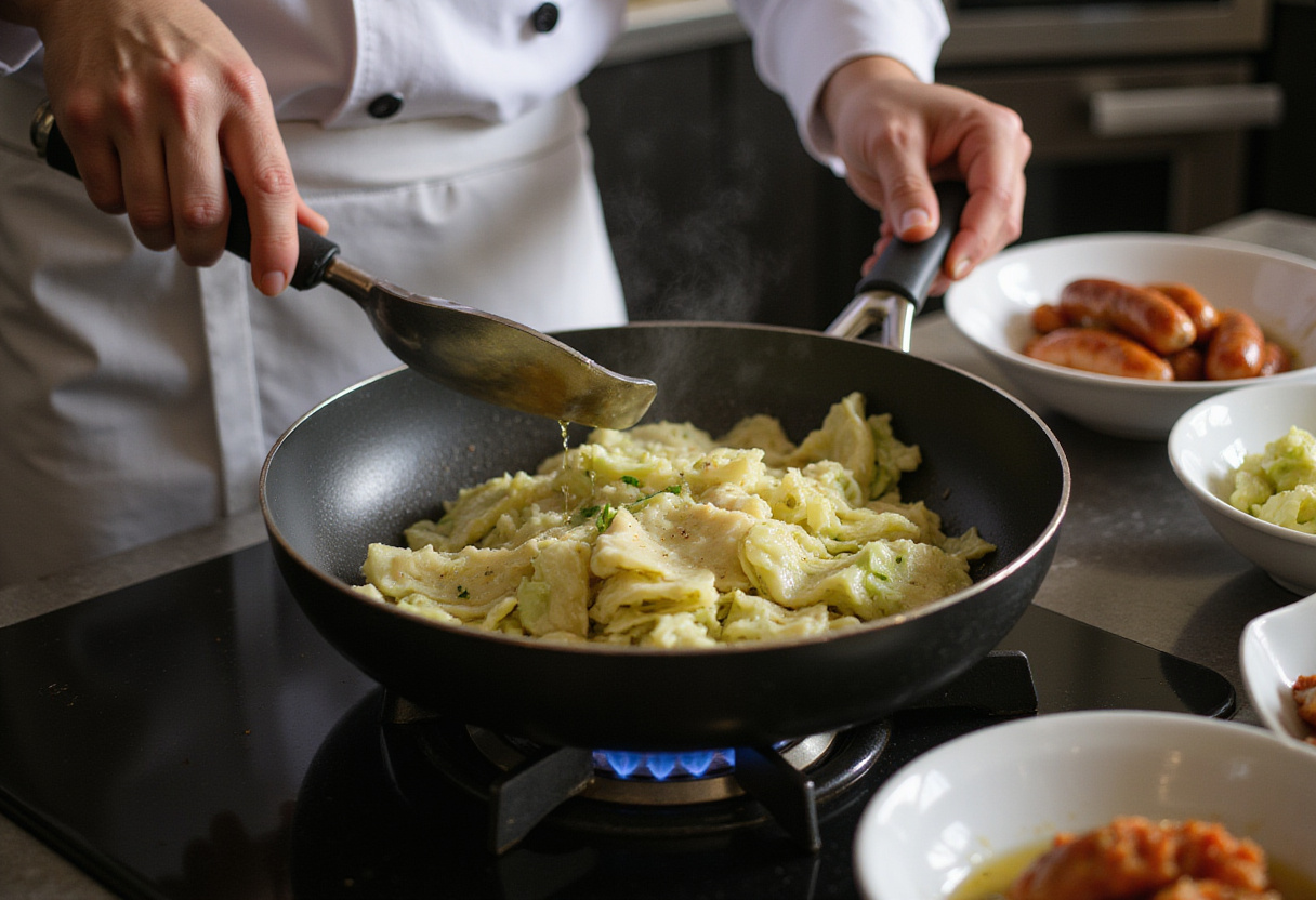Preparing for the sausage and cabbage stir fry, with a skillet heating on the stove and colorful ingredients set beside it, highlighting a homey kitchen atmosphere.