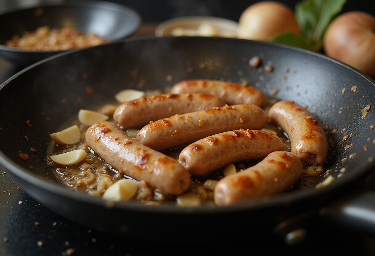 Sizzling sausages and aromatics in a skillet for the perfect sausage and cabbage stir fry, capturing the cooking process with vibrant colors and enticing steam.